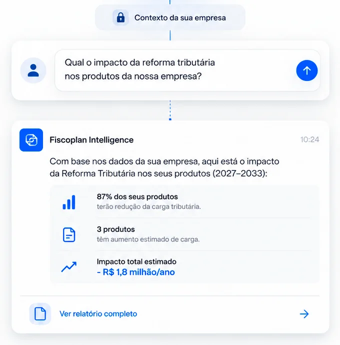 Exemplo de pergunta sobre a Reforma Tributária e resposta do Intelligence com base nos dados da empresa