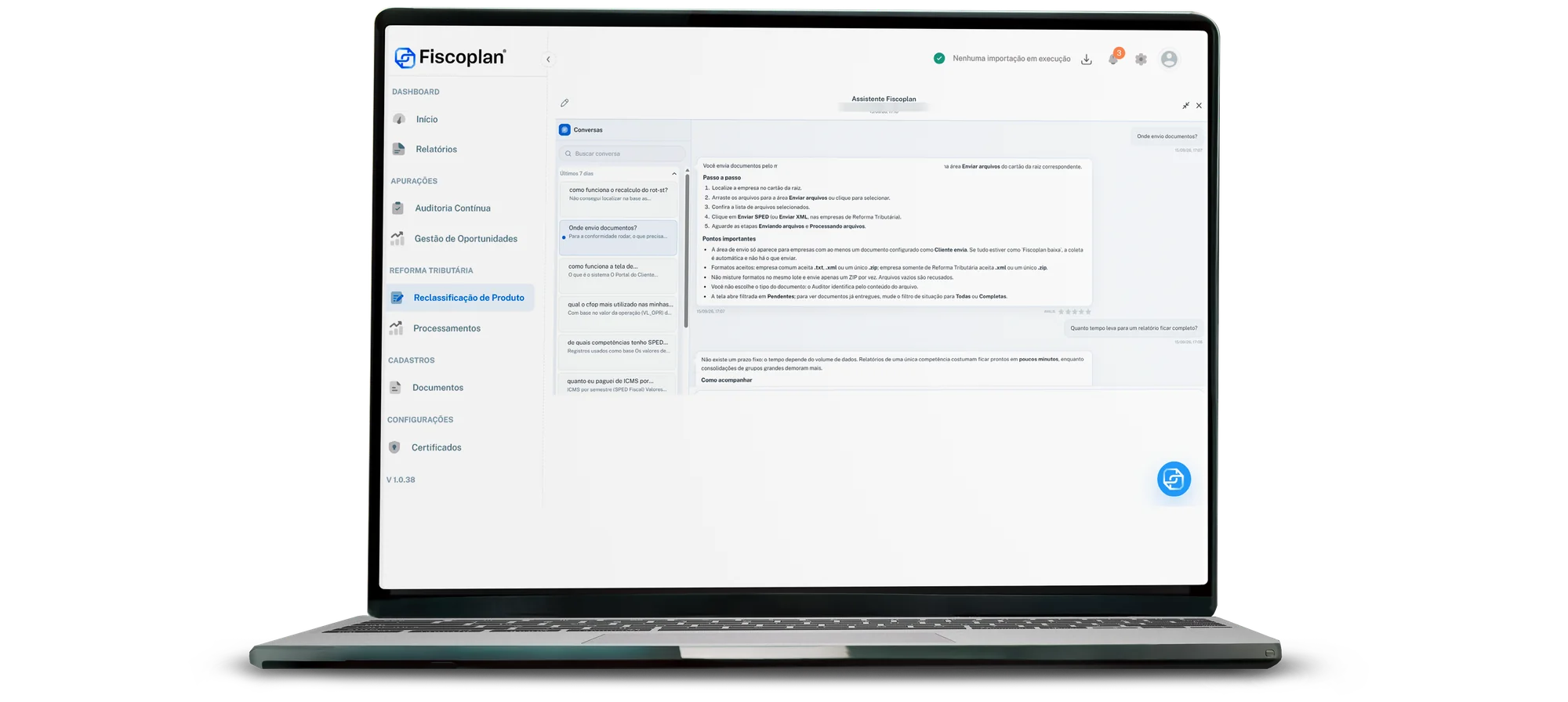 Tela do Assistente Fiscoplan no portal, com a lista de conversas e uma resposta passo a passo