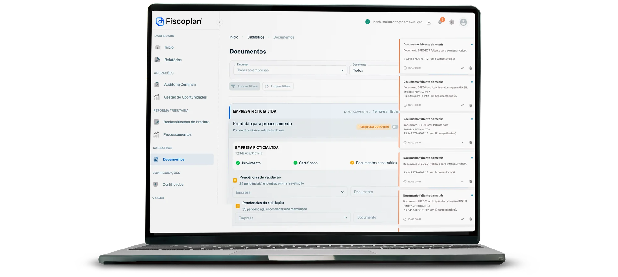 Tela de Documentos com pendências de validação e alertas de documentos faltantes