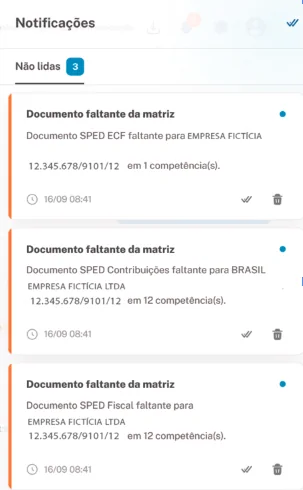 Painel de notificações com alertas de documento SPED faltante por empresa e competência