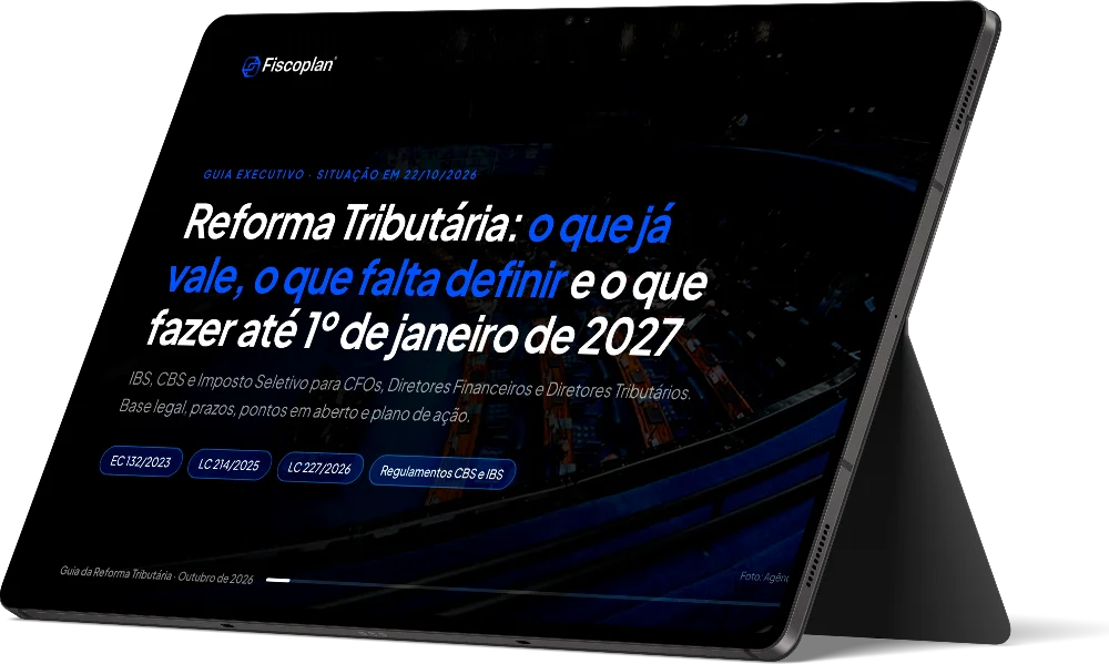 Guia da Reforma Tributária 2026 - mockup do guia executivo Fiscoplan